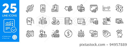 Outline icons set. Sale, Card and Smartphone statistics icons. Checked calculation, Meeting, Wallet web elements. Target, Report, Stress signs. Businessman case, Budget, Dollar money. Vector 94957889