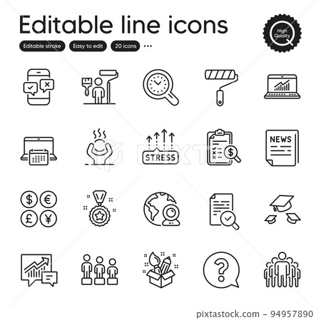 Set of Education outline icons. Contains icons as Calendar, Online statistics and Video conference elements. Throw hats, Paint roller, Creativity web signs. Phone survey. Outline calendar icon. Vector Set of Education outline icons. Contains icons as Calendar, Online statistics and Video conference elements. Throw hats, Paint roller, Creativity web signs. Phone survey. Outline calendar icon. Vector 94957890