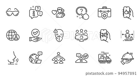 Outline set of Medical mask, Meeting and Eyeglasses line icons for web application. Talk, information, delivery truck outline icon. Include Job interview, Restaurant food, Flight mode icons. Vector Outline set of Medical mask, Meeting and Eyeglasses line icons for web application. Talk, information, delivery truck outline icon. Include Job interview, Restaurant food, Flight mode icons. Vector 94957891