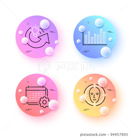 Share idea, Bar diagram and Face detect minimal line icons. 3d spheres or balls buttons. Calendar icons. For web, application, printing. Solution, Statistics infochart, Select target. Vector Share idea, Bar diagram and Face detect minimal line icons. 3d spheres or balls buttons. Calendar icons. For web, application, printing. Solution, Statistics infochart, Select target. Vector 94957893