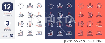 Set of Report, Teamwork and Inclusion line icons. Include Idea, Puzzle, Job interview icons. Online statistics, Article, Info web elements. Employee, Interview job, Start business. Vector 94957962