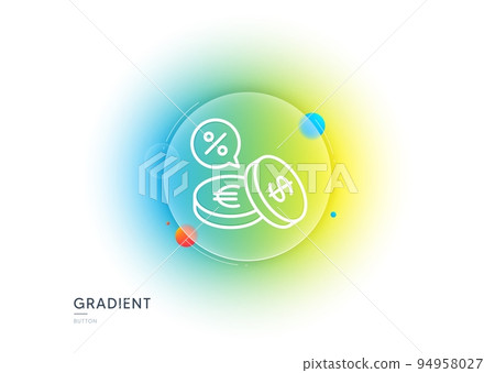 Coins money line icon. Gradient blur button with glassmorphism. Banking currency sign. Euro and Dollar Cash symbols. Cashback service. Transparent glass design. Currency exchange line icon. Vector 94958027