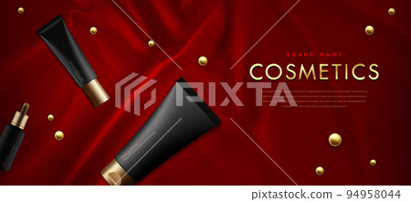Set of Luxury Cosmetics on Red Silk Background 94958044