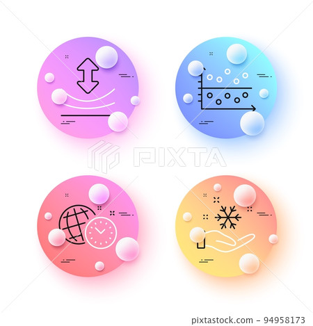 Time management, Freezing and Dot plot minimal line icons. 3d spheres or balls buttons. Resilience icons. For web, application, printing. World clock, Air conditioner, Presentation graph. Vector 94958173
