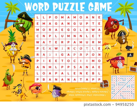 Cartoon pirate fruits characters on treasure island, word search puzzle game worksheet, kids quiz. Vector watermelon, lemon, pear and pineapple, kiwi, banana or apple, apricot, plum and mango 94958250