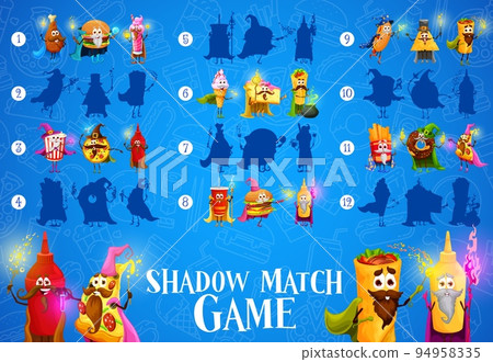 Shadow matching game, cartoon takeaway fast food mage and wizard characters, vector kids puzzle. Find correct shadow or silhouette of cheeseburger sorcerer, hotdog magician and pizza with magic wand 94958335