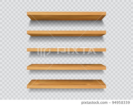 Wooden shelf, wood shelves or bar stands and supermarket displays, realistic 3D vector. Bookshelf mockup on transparent wall, table or cabinet racks, exhibition stand or library desk shelves 94958339