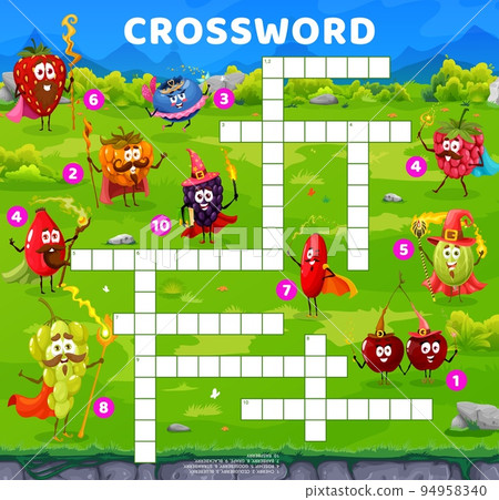 Crossword quiz game grid. Cartoon berry mage and wizard characters. Child crossword puzzle, wordsearch quiz vector worksheet with strawberry, raspberry and blueberry, rosehip, grape and gooseberry Crossword quiz game grid. Cartoon berry mage and wizard characters. Child crossword puzzle, wordsearch quiz vector worksheet with strawberry, raspberry and blueberry, rosehip, grape and gooseberry 94958340