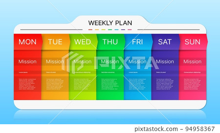 Week timeline planner schedule, diary calendar or day timetable, vector business events template. Week planner timeline for education calendar, office work management schedule and mission task plan Week timeline planner schedule, diary calendar or day timetable, vector business events template. Week planner timeline for education calendar, office work management schedule and mission task plan 94958367