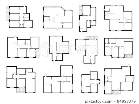 Apartment plans, floor and house room layout, vector home floorplan. Architecture plan of apartment interior project, architect technical blue print template with wall line view for planning 94958379