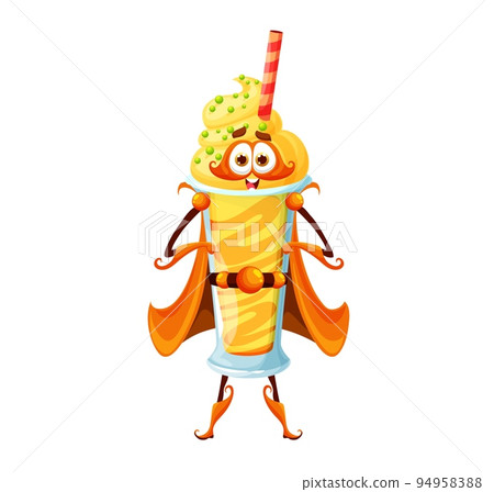 Cartoon dessert superhero character. Funny milkshake or sweet cocktail funny hero character. Fast food cafe dessert drink in glass funny defender or superhero mascot vector personage Cartoon dessert superhero character. Funny milkshake or sweet cocktail funny hero character. Fast food cafe dessert drink in glass funny defender or superhero mascot vector personage 94958388