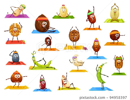 Cartoon happy nuts and beans characters on yoga fitness sport. Vector peanut, coconut, walnut and almond, sunflower or pumpkin seeds, coffee, kidney, green pea or pecan, hazelnut and brazil nut Cartoon happy nuts and beans characters on yoga fitness sport. Vector peanut, coconut, walnut and almond, sunflower or pumpkin seeds, coffee, kidney, green pea or pecan, hazelnut and brazil nut 94958397