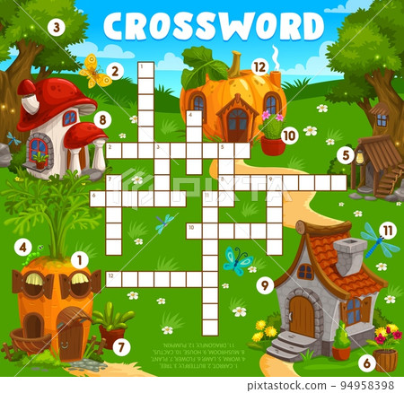 Crossword grid worksheet with cartoon gnome and elf houses. Find a word vector quiz game, kids education puzzle or riddle with fairy buildings, cute carrot, mushroom, tree trunk homes 94958398