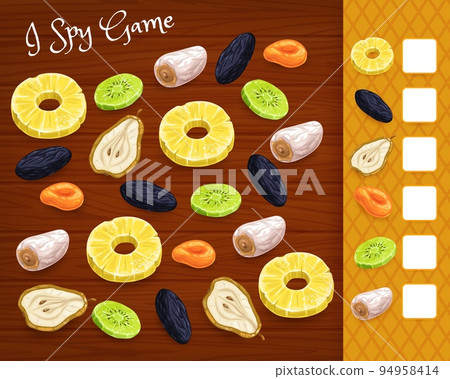 Dried fruit i spy game worksheet. Preschool children educational game with calculation task, kids math quiz vector page with pineapple, slice and kiwi, persimmon, prune, and damson, pear, apricot Dried fruit i spy game worksheet. Preschool children educational game with calculation task, kids math quiz vector page with pineapple, slice and kiwi, persimmon, prune, and damson, pear, apricot 94958414