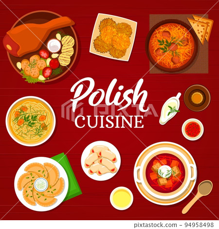 Polish cuisine menu cover with vector frame of vegetable and meat food dishes. Traditional dumplings pierogi, bigos stew and potato pancakes with sour cream, chicken noodle and beet soups 94958498