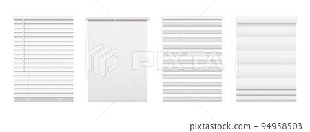 Roller window blinds and curtains, roll jalousie. Isolated vector plastic or aluminum shutter, closed and open louvers front view. Home facade venetian blinds roll jalousie realistic 3d mockup 94958503
