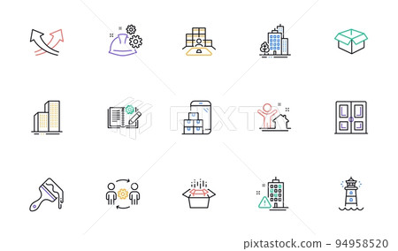 Engineering documentation, Engineering team and Brush line icons for website, printing. Collection of Working process, Lighthouse, Opened box icons. Intersection arrows, Buildings. Vector 94958520