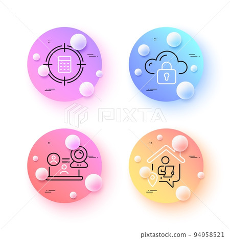 Calculator target, Cloud protection and Work home minimal line icons. 3d spheres or balls buttons. Video conference icons. For web, application, printing. Vector Calculator target, Cloud protection and Work home minimal line icons. 3d spheres or balls buttons. Video conference icons. For web, application, printing. Vector 94958521
