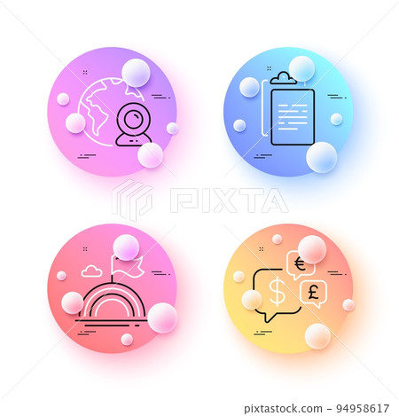 Video conference, Lgbt and Money currency minimal line icons. 3d spheres or balls buttons. Clipboard icons. For web, application, printing. Online presentation, Rainbow flag, Currency exchange. Vector 94958617