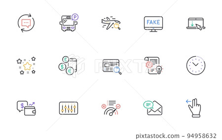 Currency rate, Correct answer and New mail line icons for website, printing. Collection of Wallet, Search flight, Cogwheel icons. Bus parking, Update comments, Touchscreen gesture web elements. Vector Currency rate, Correct answer and New mail line icons for website, printing. Collection of Wallet, Search flight, Cogwheel icons. Bus parking, Update comments, Touchscreen gesture web elements. Vector 94958632