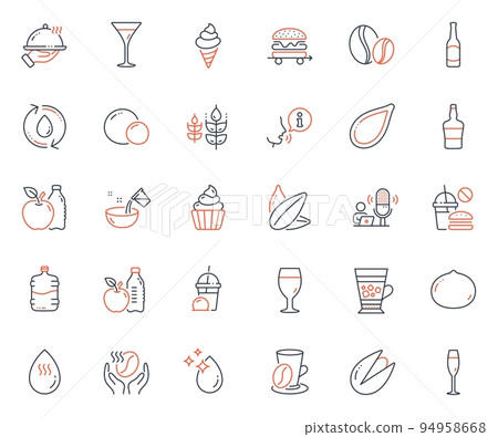 Food and drink icons set. Included icon as Hot water, Refill water and Pumpkin seed web elements. Ice cream, Restaurant food, Fast food icons. Beer glass, Coffee, Peas web signs. Cupcake. Vector Food and drink icons set. Included icon as Hot water, Refill water and Pumpkin seed web elements. Ice cream, Restaurant food, Fast food icons. Beer glass, Coffee, Peas web signs. Cupcake. Vector 94958668