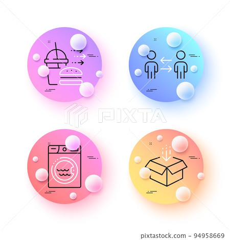 Food delivery, Get box and Teamwork business minimal line icons. 3d spheres or balls buttons. Laundry icons. For web, application, printing. Burger with soft drink, Send package, Collaboration. Vector Food delivery, Get box and Teamwork business minimal line icons. 3d spheres or balls buttons. Laundry icons. For web, application, printing. Burger with soft drink, Send package, Collaboration. Vector 94958669