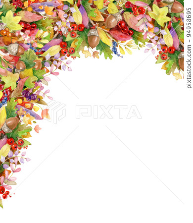 Autumnal colorful leaves border,  isolated on white.  Watercolor illustration. 94958695