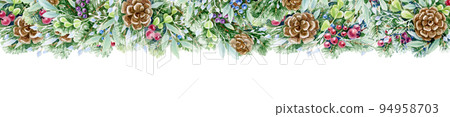 Christmas  branches decoration isolated on white.  Christmas border. Watercolor illustration. 94958703