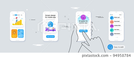 Set of Atom core, Approved checklist and Reward line icons. Phone ui interface. Include Fire energy, Outsource work, Lgbt icons. Algorithm, Employee result, Idea web elements. Vector 94958784