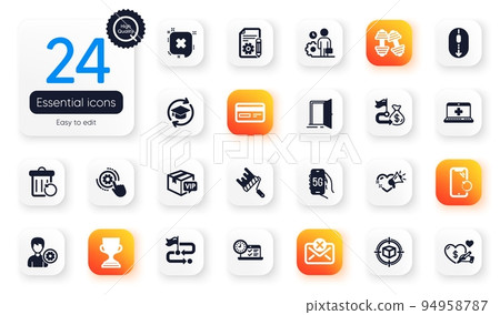 Set of Business flat icons. Financial goal, Recovery trash and Scroll down elements for web application. Cogwheel settings, Smartphone recovery, Credit card icons. Reject mail, Reject. Vector Set of Business flat icons. Financial goal, Recovery trash and Scroll down elements for web application. Cogwheel settings, Smartphone recovery, Credit card icons. Reject mail, Reject. Vector 94958787