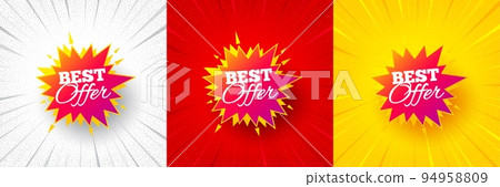 Best offer sticker. Flash offer banner, coupon or poster. Discount banner shape. Sale coupon bubble icon. Best offer promo banner. Retail marketing flyer. Starburst pop art. Vector 94958809