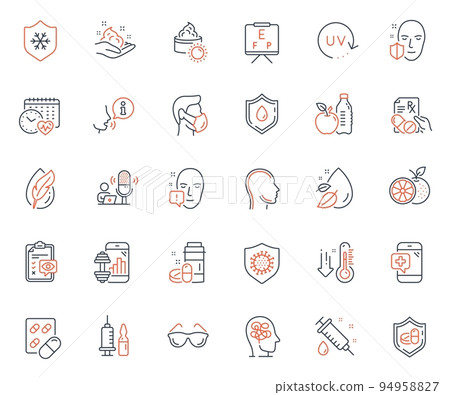 Healthcare icons set. Included icon as Medical vaccination, Hypoallergenic tested and Uv protection web elements. Cardio calendar, Sun cream, Face attention icons. Orange. Vector Healthcare icons set. Included icon as Medical vaccination, Hypoallergenic tested and Uv protection web elements. Cardio calendar, Sun cream, Face attention icons. Orange. Vector 94958827