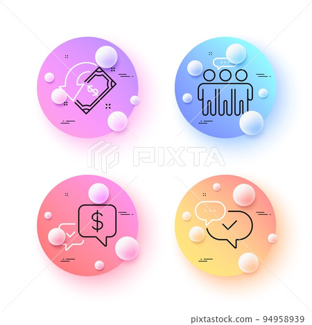 Employees group, Payment received and Cashback minimal line icons. 3d spheres or balls buttons. Approved icons. For web, application, printing. Collaboration, Money, Receive money. Vector Employees group, Payment received and Cashback minimal line icons. 3d spheres or balls buttons. Approved icons. For web, application, printing. Collaboration, Money, Receive money. Vector 94958939