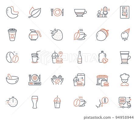 Food and drink icons set. Included icon as Food market, Food and Champagne bottle web elements. Cooking timer, Ice cream, Takeaway coffee icons. Double latte, Cooking mix, Coffee web signs. Vector 94958944