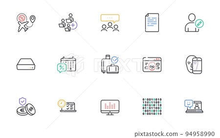 Mini pc, Meeting and Discounts calendar line icons for website, printing. Collection of Flight sale, Savings insurance, Document icons. Binary code, Cyber attack, Add team web elements. Vector Mini pc, Meeting and Discounts calendar line icons for website, printing. Collection of Flight sale, Savings insurance, Document icons. Binary code, Cyber attack, Add team web elements. Vector 94958990
