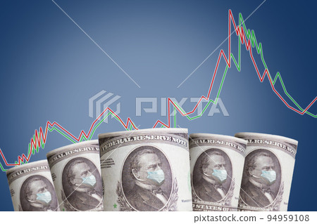 Banknotes with the image of the President in a medical mask and a diagram on a blue background. Copy space. The concept of the financial crisis, and viral pandemics Banknotes with the image of the President in a medical mask and a diagram on a blue background. Copy space. The concept of the financial crisis, and viral pandemics 94959108