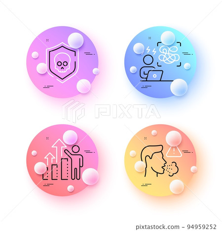 Employee results, Difficult stress and Cyber attack minimal line icons. 3d spheres or balls buttons. Cough icons. For web, application, printing. Chart, Work pressure, Software protect. Vector 94959252