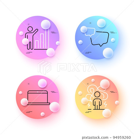 Difficult stress, Laptop and Graph chart minimal line icons. 3d spheres or balls buttons. Speech bubble icons. For web, application, printing. Mind anxiety, Mobile computer, Growth report. Vector 94959260