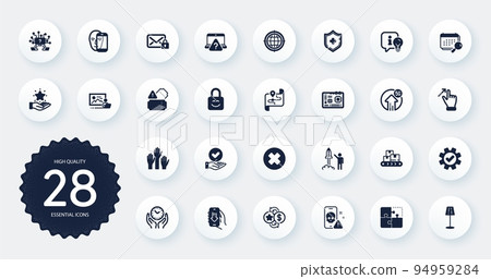 Set of Technology icons, such as Calendar, Loyalty program and Voting hands flat icons. 5g upload, Seo internet, Face biometrics web elements. Teamwork question, Approved checkbox. Vector 94959284