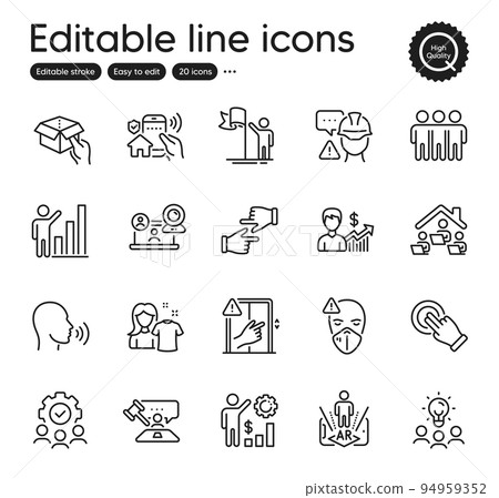Set of People outline icons. Contains icons as Click hands, Medical mask and Video conference elements. Business growth, House security, Employees wealth web signs. Judge hammer. Vector 94959352