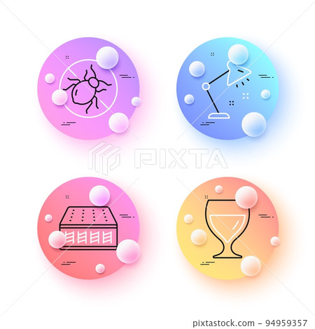 Bed bugs, Wine glass and Table lamp minimal line icons. 3d spheres or balls buttons. Mattress icons. For web, application, printing. Hypoallergenic, Cabernet wineglass, Bedside lamp. Vector Bed bugs, Wine glass and Table lamp minimal line icons. 3d spheres or balls buttons. Mattress icons. For web, application, printing. Hypoallergenic, Cabernet wineglass, Bedside lamp. Vector 94959357