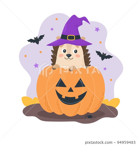 Halloween character cute hedgehog wearing witch hat with a pumpkin spooky jack o lantern. Seasonal holiday concept for banners, vector illustration 94959483