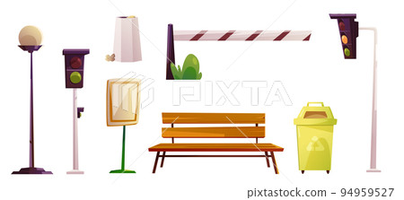 City street objects, traffic light, bench, barrier 94959527
