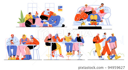 Friends spend time together, play games, eat, walk 94959627