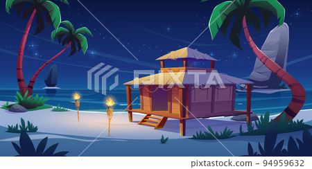 Beach hut or bungalow at night on tropical island 94959632