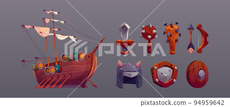 Viking game icons, medieval battle ship, armor 94959642