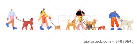 Happy people walking dogs on leash flat set 94959643