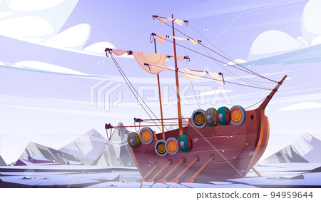 Old viking ship in nordic sea with ice in winter Old viking ship in nordic sea with ice in winter 94959644