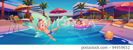 Kids in swimming pool at hotel area with lounges 94959652