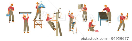 Electrician worker with tools, ladder and wires Electrician worker with tools, ladder and wires 94959677